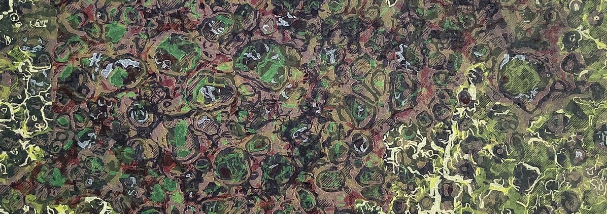 A green and brown abstract painting with red spots.