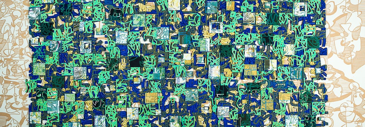 A large painting of green and blue squares on a white background.