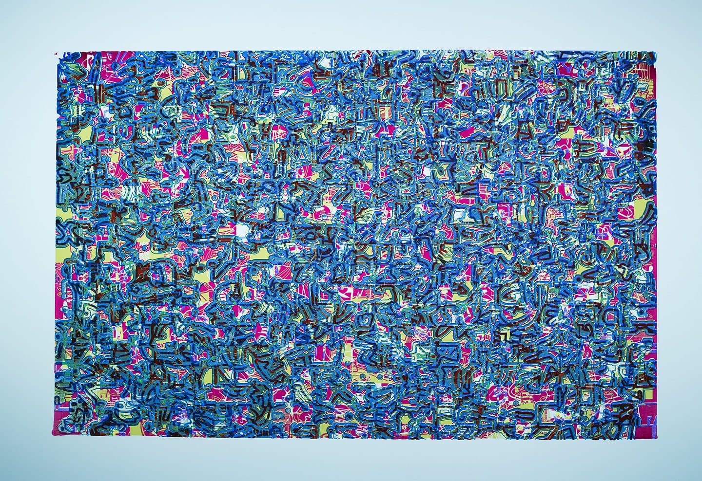 A blue background with many different colored shapes.