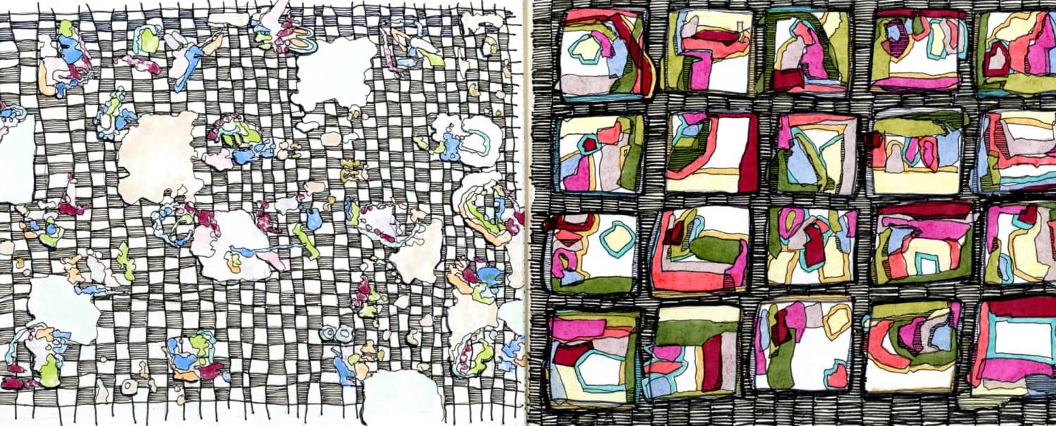 A collage of different colored squares and dots.