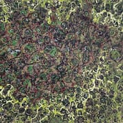 A green and brown abstract painting with red spots.