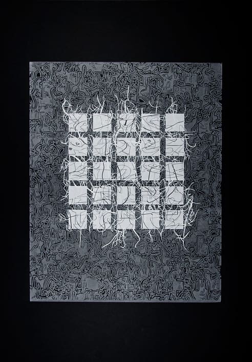 Word-Map-Grid-#5 A black and white painting of a square with branches