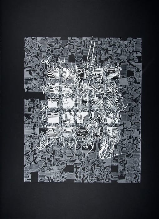 Word-Map-Grid-1 A black and white picture of a wall with many pieces of paper