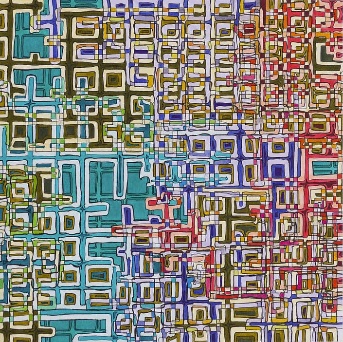 Urbanized Unfolded 6 A colorful abstract painting of squares and rectangles.