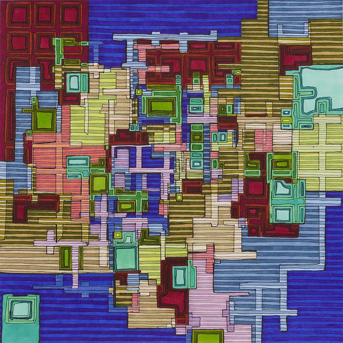 Urbanized Unfolded 7 A colorful abstract painting of buildings and water.